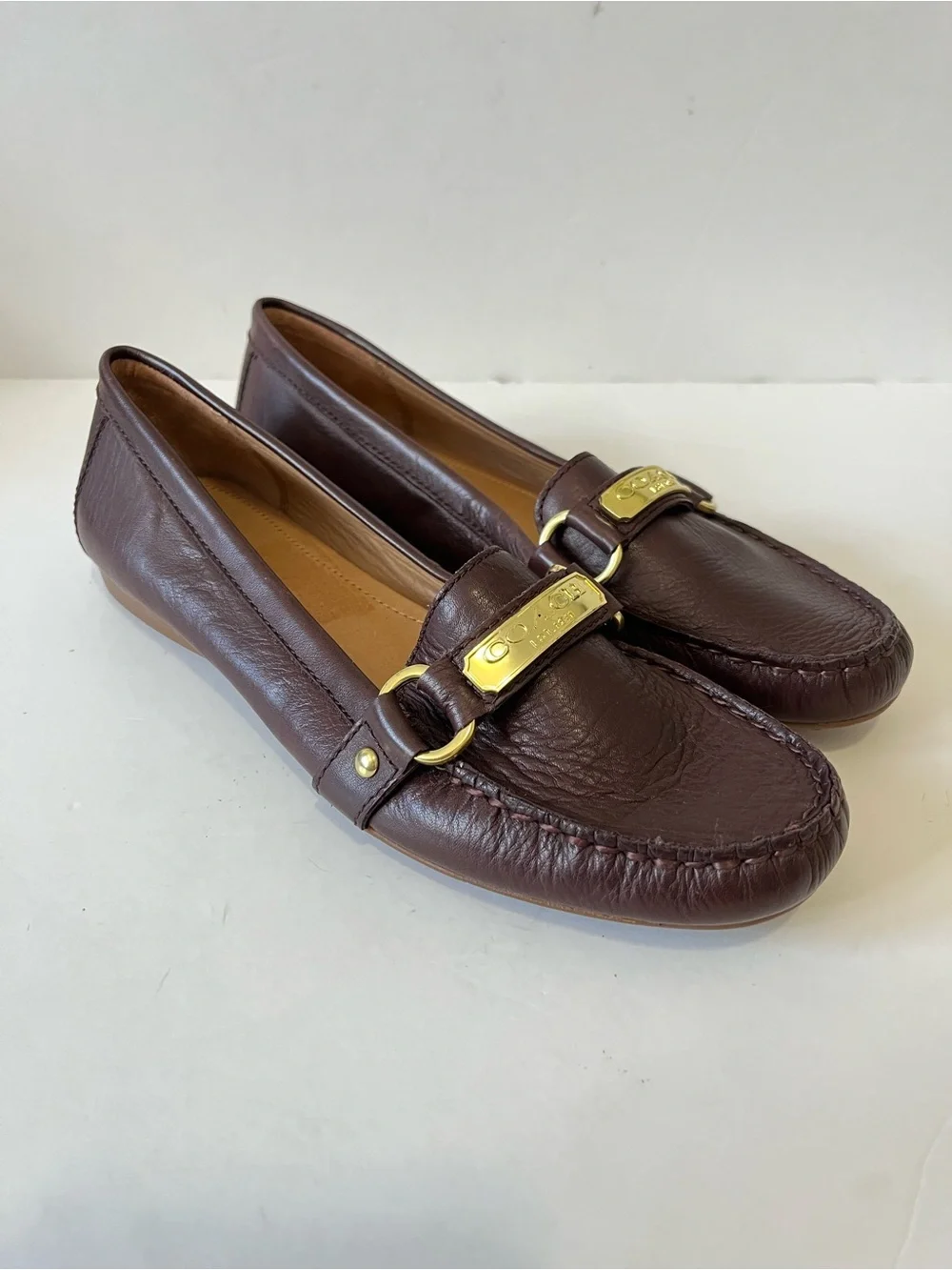 Coach Felisha Brown Leather Gold Accent Driving Loafers Size 8M